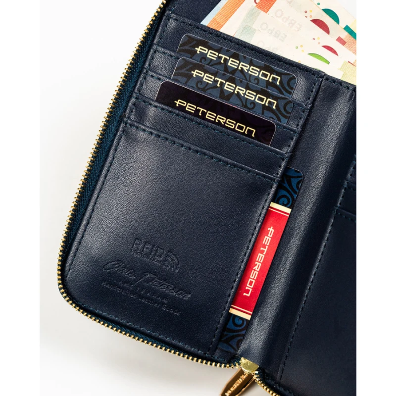 Granatowy portfel damski w typie piórnika ze skóry ekologicznej zamykany suwakiem - Peterson