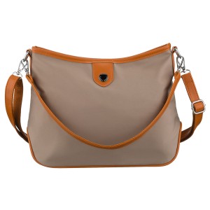 Miejska torebka damska z poliestru i skóry ekologicznej w beżowym kolorze, jednokomorowa i zamykana suwakiem - Peterson