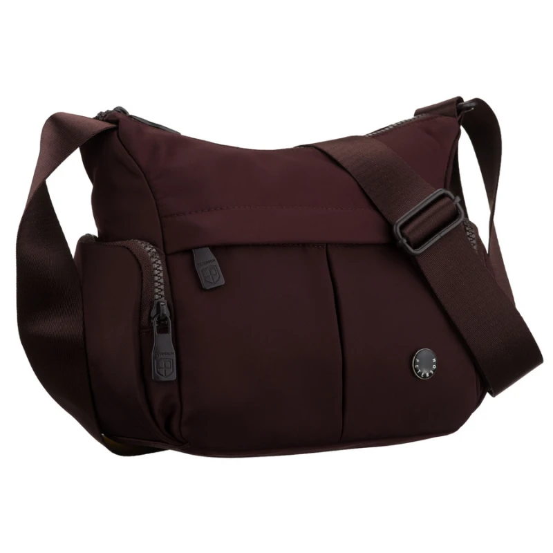 Bordowa listonoszka damska z poliestru zawieszona na szerokim pasku, dwukomorowa - Peterson