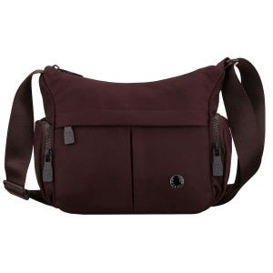 Bordowa listonoszka damska z poliestru zawieszona na szerokim pasku, dwukomorowa - Peterson