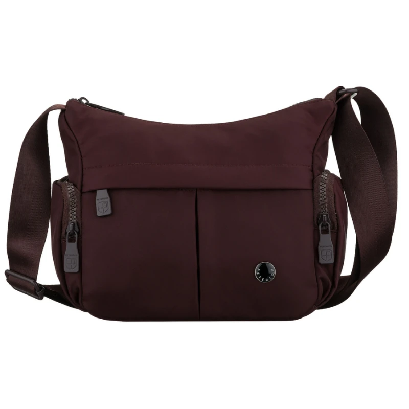 Bordowa listonoszka damska z poliestru zawieszona na szerokim pasku, dwukomorowa - Peterson