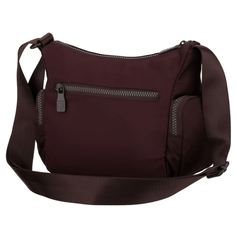 Bordowa listonoszka damska z poliestru zawieszona na szerokim pasku, dwukomorowa - Peterson