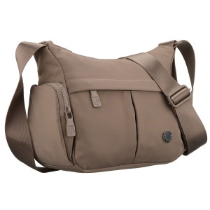 Beżowa listonoszka damska z poliestru zawieszona na szerokim pasku, dwukomorowa - Peterson