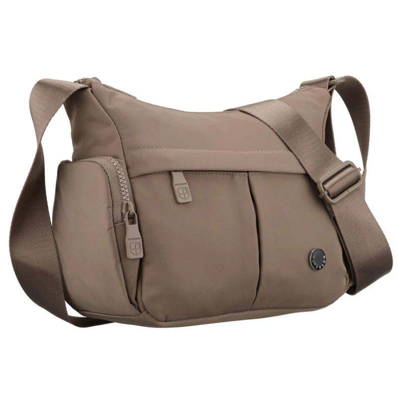 Beżowa listonoszka damska z poliestru zawieszona na szerokim pasku, dwukomorowa - Peterson