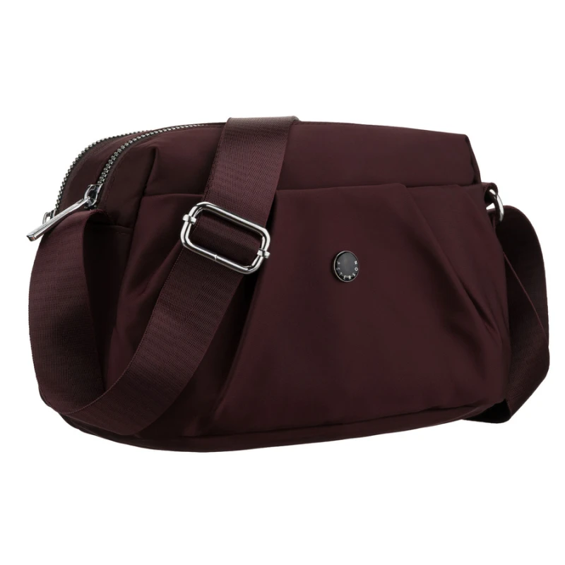 Bordowa, poręczna listonoszka damska z poliestru zawieszona na szerokim pasku - Peterson