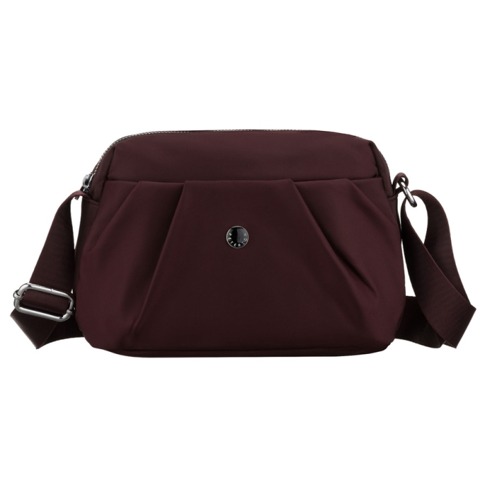 Bordowa, poręczna listonoszka damska z poliestru zawieszona na szerokim pasku - Peterson