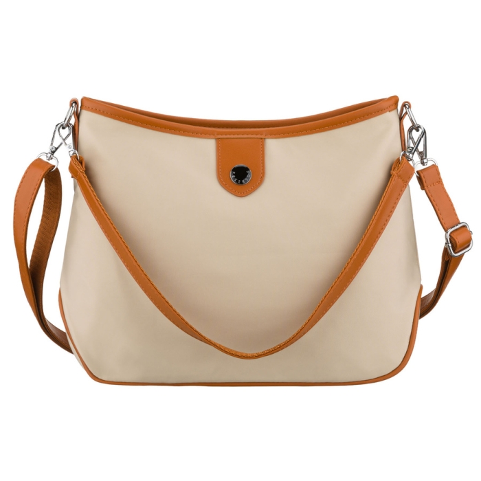 Praktyczna torebka damska z poliestru i skóry ekologicznej w kolorze ecru, zamykana suwakiem - Peterson