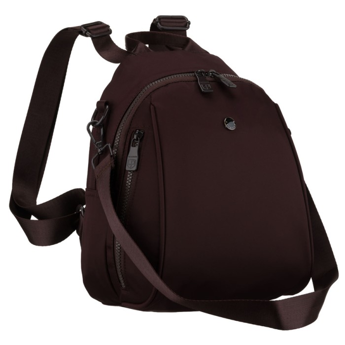 Mały, bordowy plecak damski wykonany z poliestru, wyposażony w dodatkowy pasek - Peterson