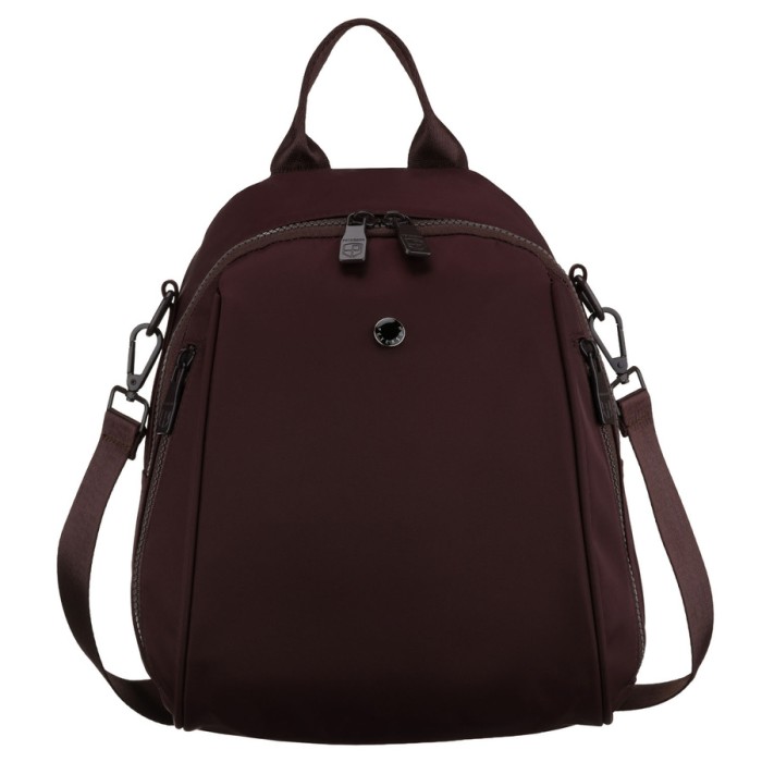 Mały, bordowy plecak damski wykonany z poliestru, wyposażony w dodatkowy pasek - Peterson