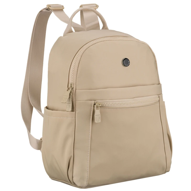 Mały plecak damski wykonany z poliestru w kolorze ecru, jednokomorowy z kieszenią zewnętrzną - Peterson