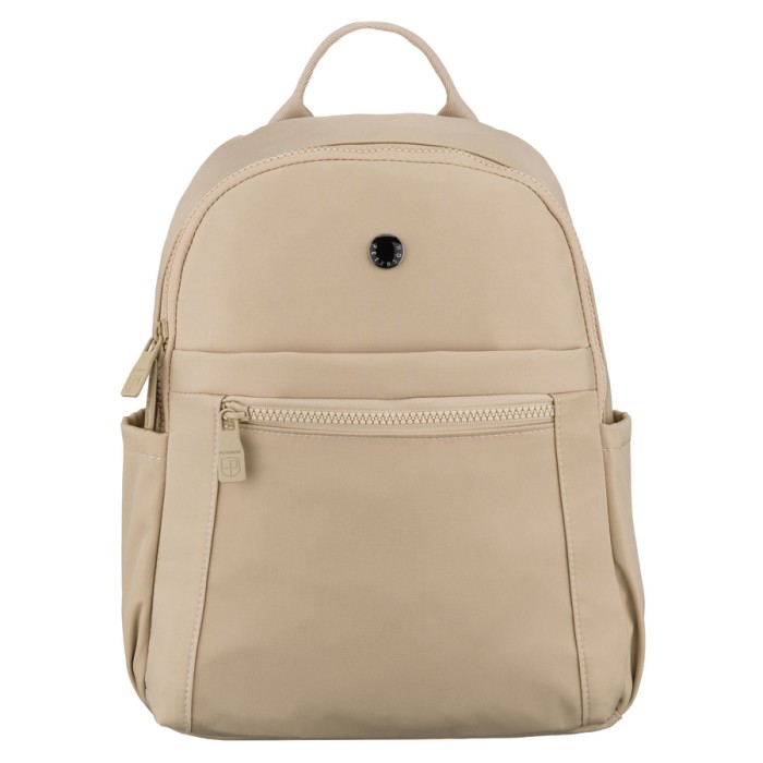 Mały plecak damski wykonany z poliestru w kolorze ecru, jednokomorowy z kieszenią zewnętrzną - Peterson