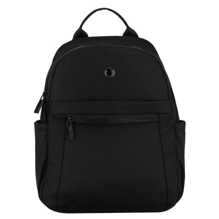 Mały, czarny plecak damski wykonany z poliestru, jednokomorowy z kieszenią zewnętrzną - Peterson