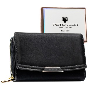 Portfel damski ze skóry ekologicznej w czarnym kolorze wyposażony w system RFID - Peterson
