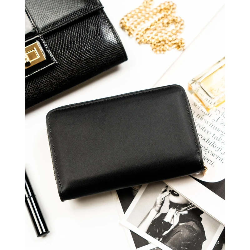 Portfel damski ze skóry ekologicznej w czarnym kolorze wyposażony w system RFID - Peterson