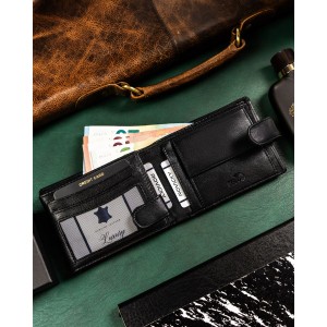 Duży, skórzany portfel męski w czarnym kolorze wyposażony w system RFID, zamykany zatrzaskiem - Rovicky