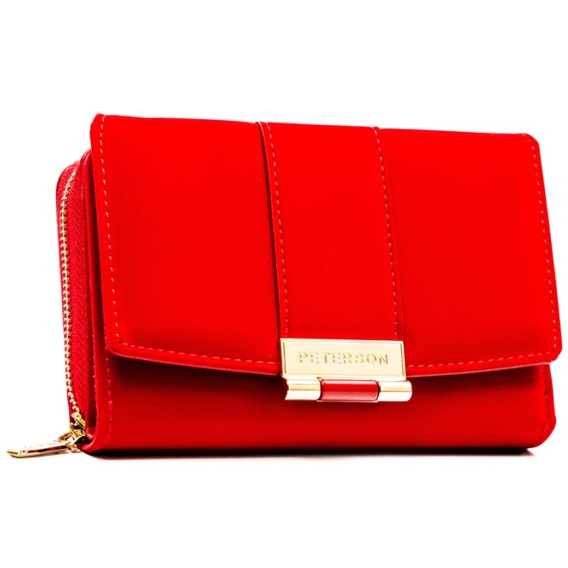 Poziomy portfel damski wykonany ze skóry ekologicznej w czerwonym kolorze, zamykany na zatrzask - Peterson | Niua.pl