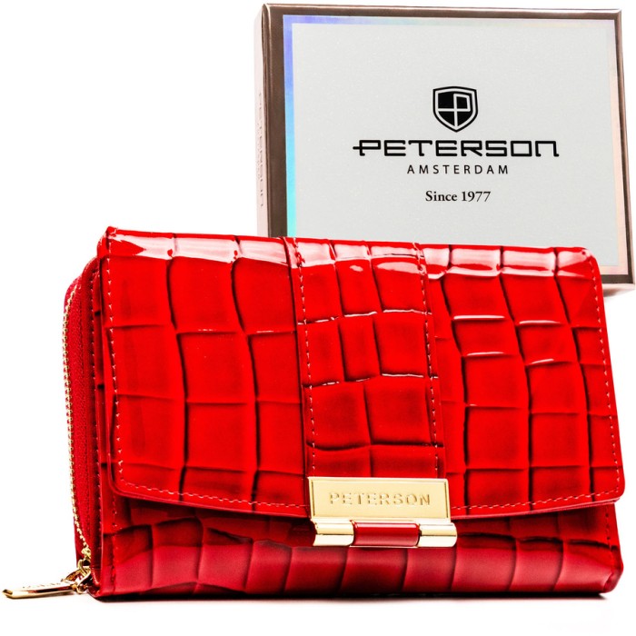 Portfel damski wykonany ze skóry ekologicznej w czerwonym kolorze z tłoczonym wzorem krokodylej skóry - Peterson | Niua.pl