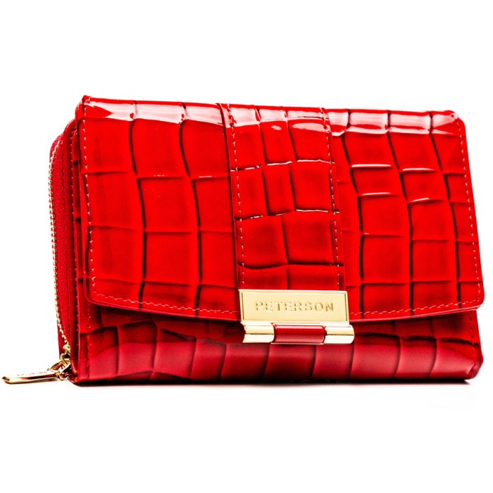 Portfel damski wykonany ze skóry ekologicznej w czerwonym kolorze z tłoczonym wzorem krokodylej skóry - Peterson | Niua.pl