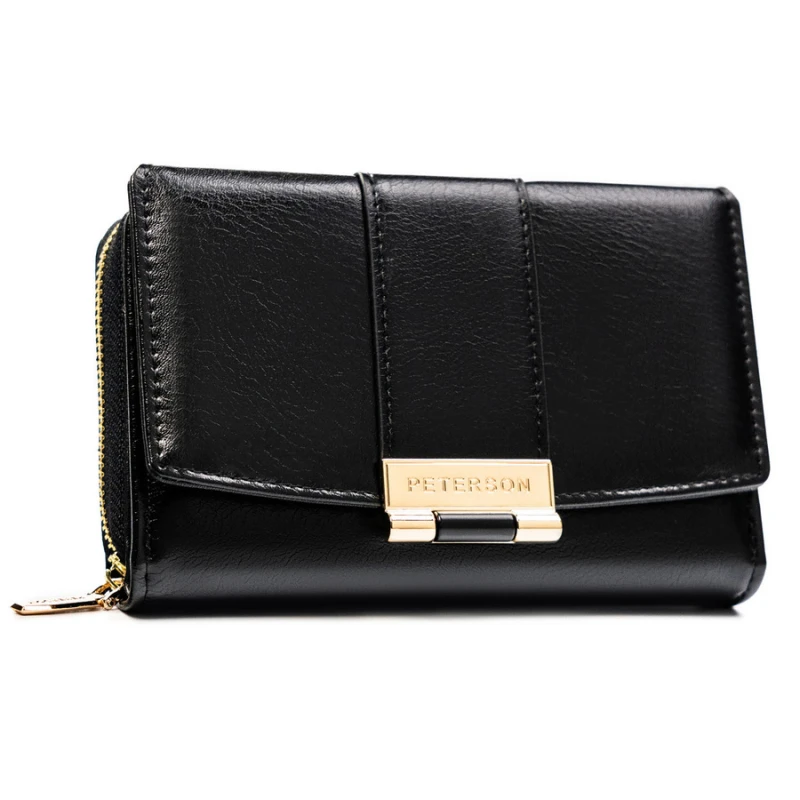 Poziomy portfel damski wykonany ze skóry ekologicznej w czarnym kolorze, zamykany na zatrzask - Peterson | Niua.pl