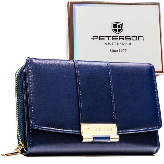 Granatowy, poziomy portfel damski wykonany ze skóry ekologicznej i zamykany na zatrzask - Peterson | Niua.pl