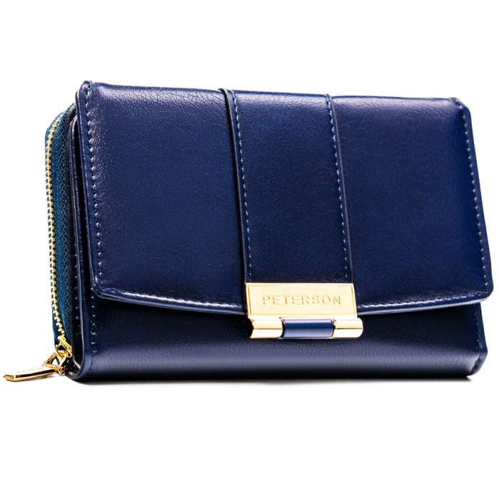 Granatowy, poziomy portfel damski wykonany ze skóry ekologicznej i zamykany na zatrzask - Peterson | Niua.pl