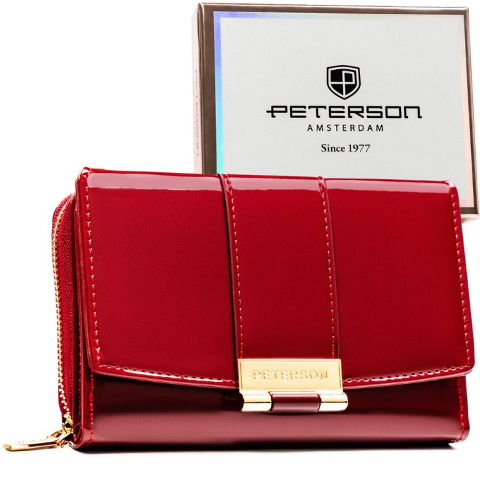 Bordowy, poziomy portfel damski wykonany z lakierowanej skóry ekologicznej - Peterson | Niua.pl