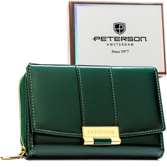 Poziomy portfel damski z lakierowanej skóry ekologicznej w zielonym kolorze, wyposażony w system RFID - Peterson | Niua.pl