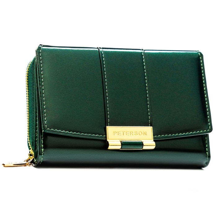Poziomy portfel damski z lakierowanej skóry ekologicznej w zielonym kolorze, wyposażony w system RFID - Peterson | Niua.pl