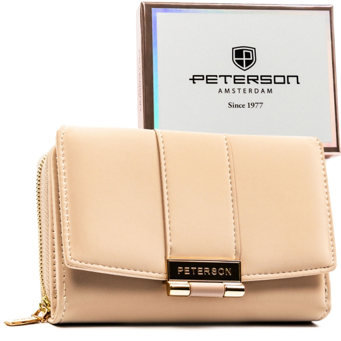 Beżowy portfel damski wykonany ze skóry ekologicznej o lekko prążkowanej fakturze, zamykany zatrzaskiem - Peterson | Niua.pl