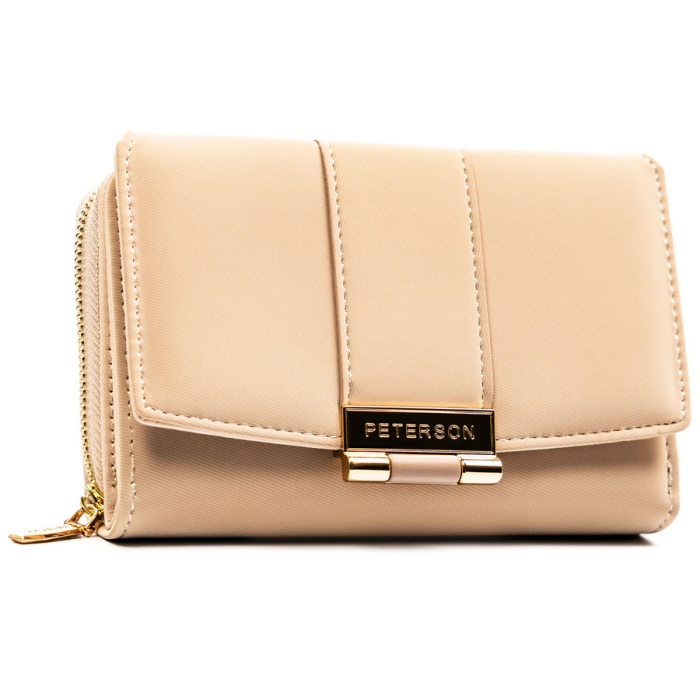 Beżowy portfel damski wykonany ze skóry ekologicznej o lekko prążkowanej fakturze, zamykany zatrzaskiem - Peterson | Niua.pl