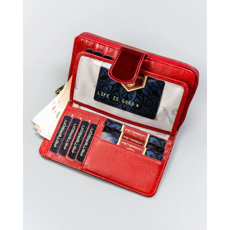 Pionowy portfel damski z lakierowanej skóry naturalnej w czerwonym kolorze - Peterson | Niua.pl