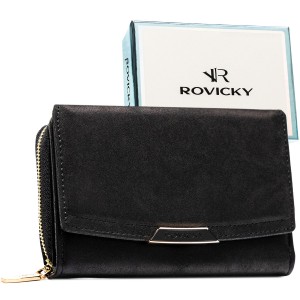Średni portfel damski ze skóry ekologicznej w czarnym kolorze, model mieszczący dowód rejestracyjny - Rovicky  | Niua.pl