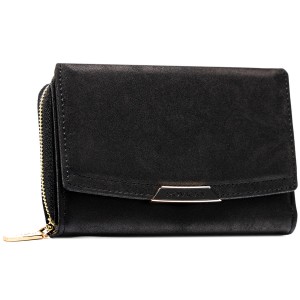 Średni portfel damski ze skóry ekologicznej w czarnym kolorze, model mieszczący dowód rejestracyjny - Rovicky  | Niua.pl