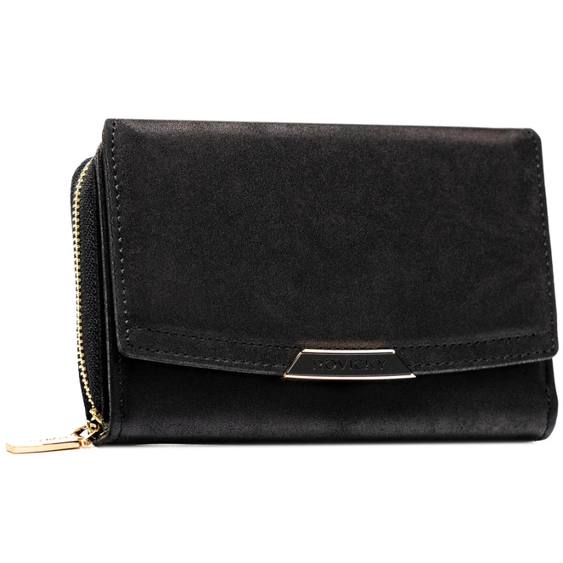 Średni portfel damski ze skóry ekologicznej w czarnym kolorze, model mieszczący dowód rejestracyjny - Rovicky  | Niua.pl