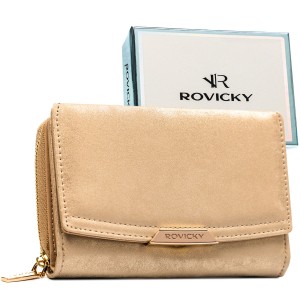 Beżowy, poziomy portfel damski ze skóry ekologicznej zamykany na zatrzask - Rovicky | Niua.pl