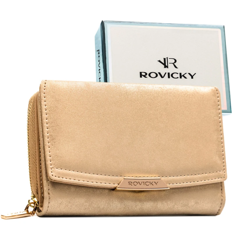Beżowy, poziomy portfel damski ze skóry ekologicznej zamykany na zatrzask - Rovicky | Niua.pl
