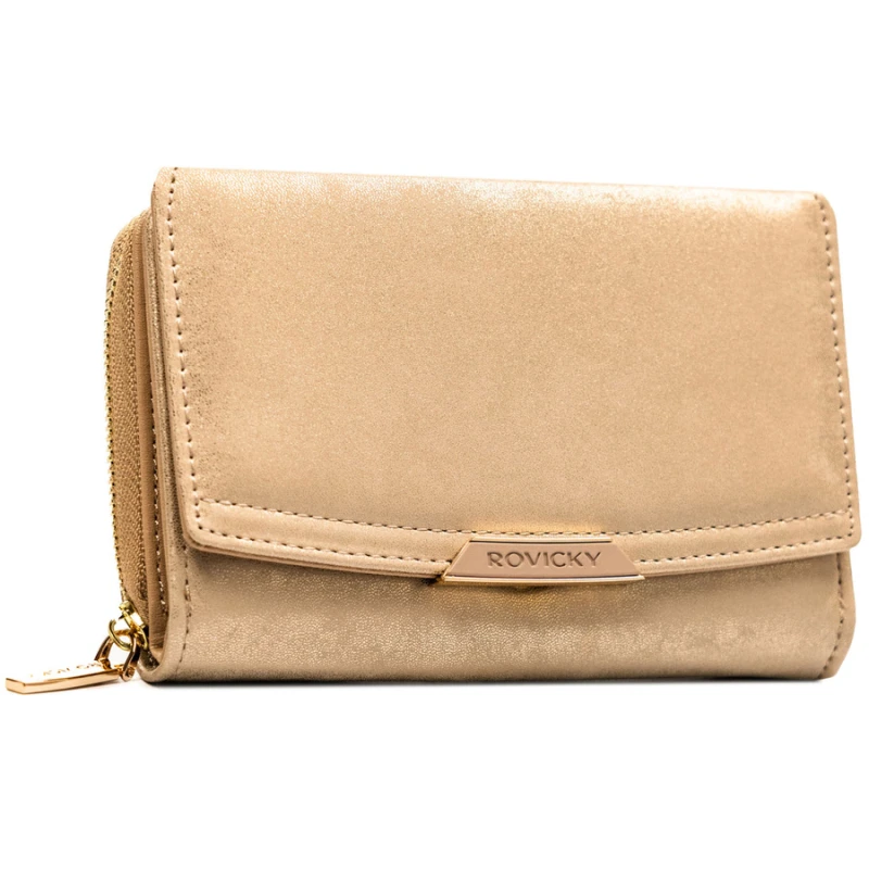 Beżowy, poziomy portfel damski ze skóry ekologicznej zamykany na zatrzask - Rovicky | Niua.pl