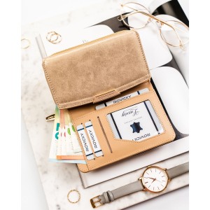 Beżowy, poziomy portfel damski ze skóry ekologicznej zamykany na zatrzask - Rovicky | Niua.pl