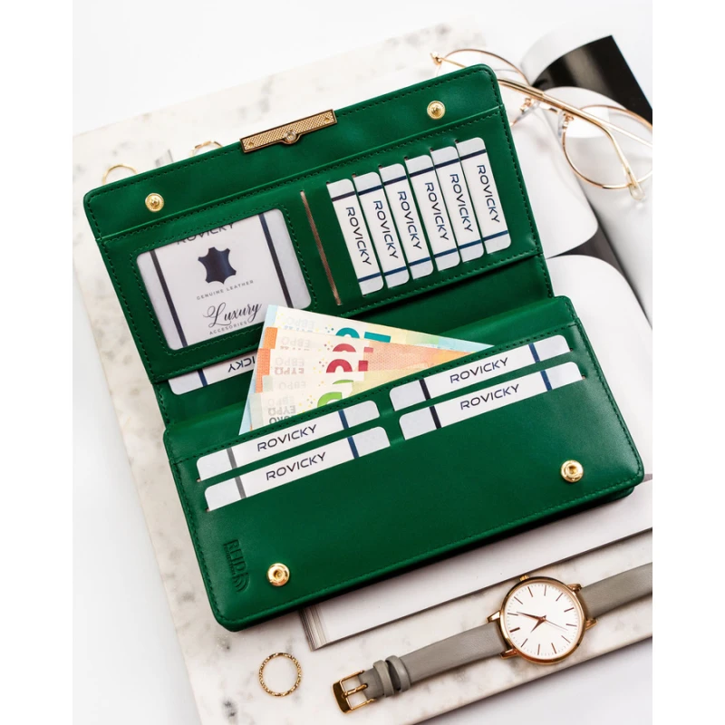 Portfel damski ze skóry ekologicznej w zielonym kolorze, wyposażony w system RFID - Rovicky | Niua.pl