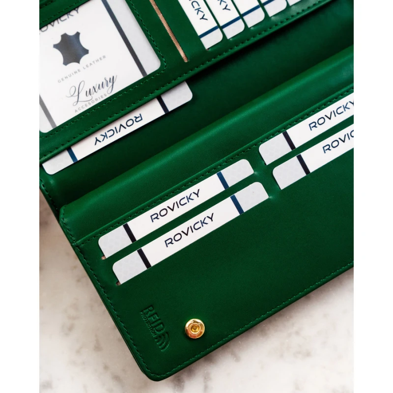 Portfel damski ze skóry ekologicznej w zielonym kolorze, wyposażony w system RFID - Rovicky | Niua.pl