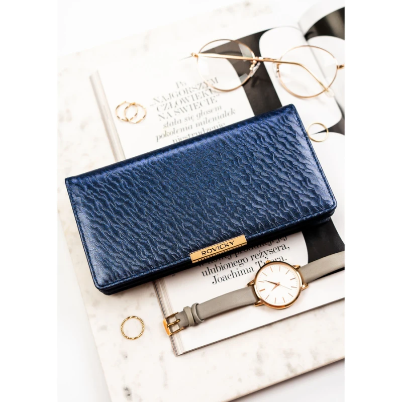 Granatowy portfel damski ze skóry ekologicznej wyposażony w system RFID - Rovicky | Niua.pl