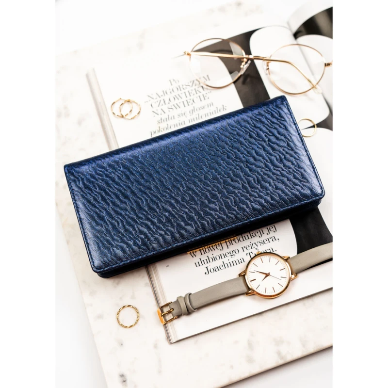 Granatowy portfel damski ze skóry ekologicznej wyposażony w system RFID - Rovicky | Niua.pl
