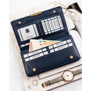 Granatowy portfel damski ze skóry ekologicznej wyposażony w system RFID - Rovicky | Niua.pl