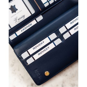 Granatowy portfel damski ze skóry ekologicznej wyposażony w system RFID - Rovicky | Niua.pl