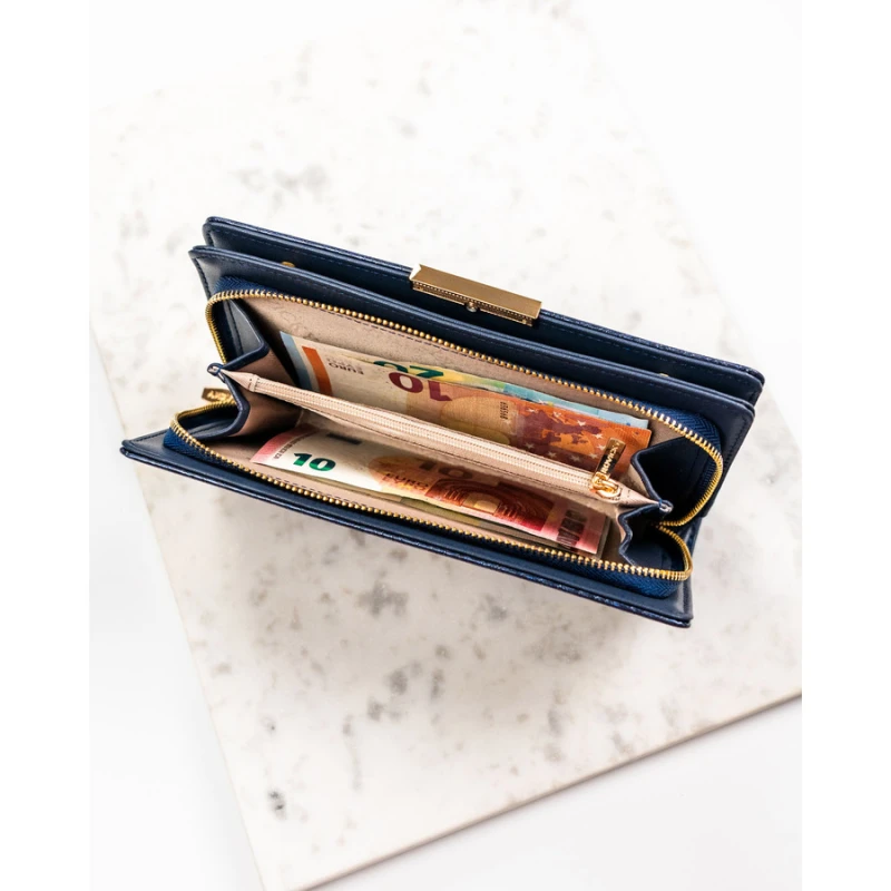 Granatowy portfel damski ze skóry ekologicznej wyposażony w system RFID - Rovicky | Niua.pl