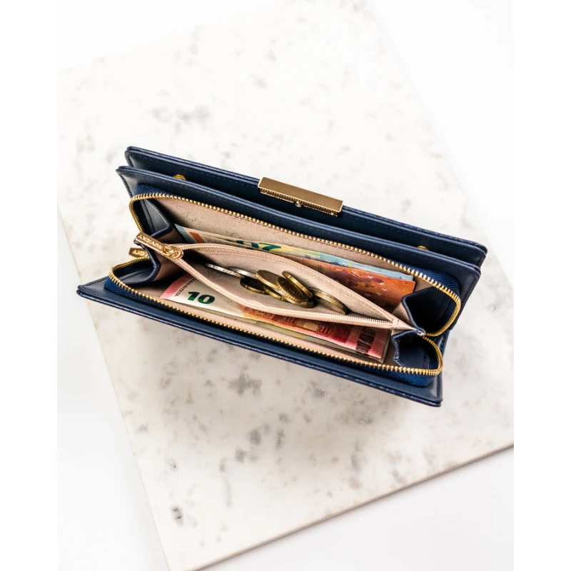 Granatowy portfel damski ze skóry ekologicznej wyposażony w system RFID - Rovicky | Niua.pl