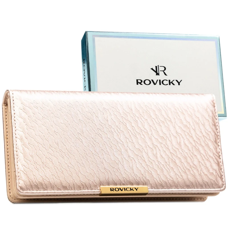 Duży, beżowy portfel damski ze skóry ekologicznej wyposażony w system RFID - Rovicky | Niua.pl