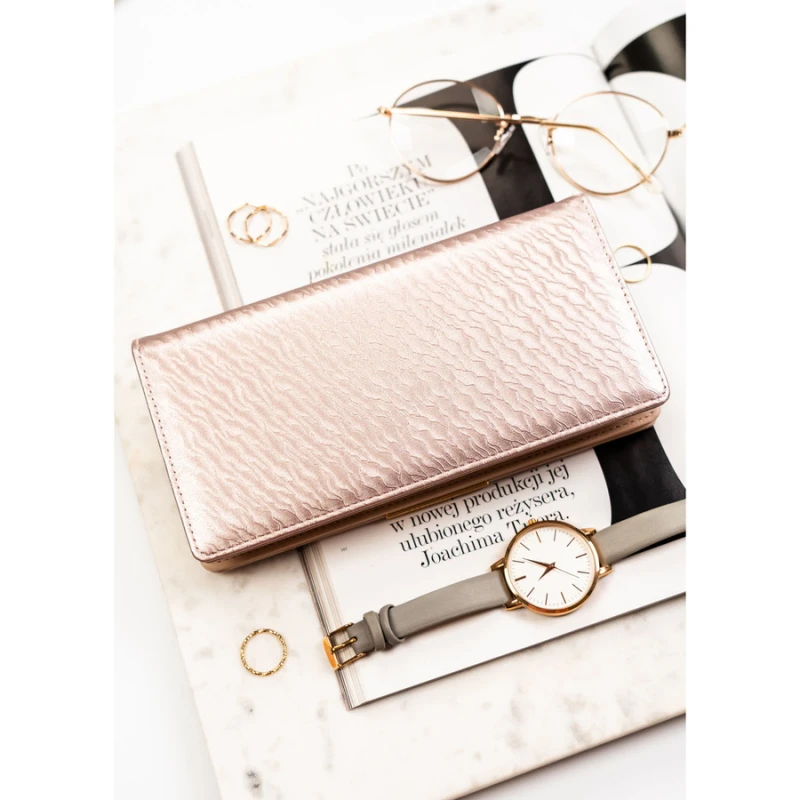 Duży, beżowy portfel damski ze skóry ekologicznej wyposażony w system RFID - Rovicky | Niua.pl