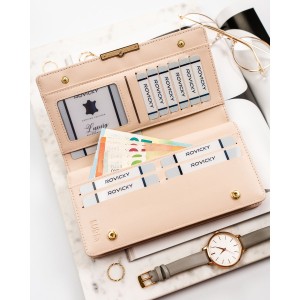 Duży, beżowy portfel damski ze skóry ekologicznej wyposażony w system RFID - Rovicky | Niua.pl