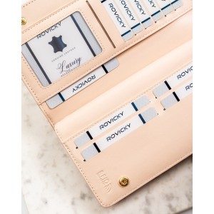 Duży, beżowy portfel damski ze skóry ekologicznej wyposażony w system RFID - Rovicky | Niua.pl